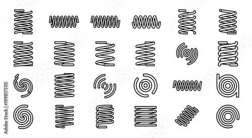 collection of various coil spring and spiral icons representing mechanical elements