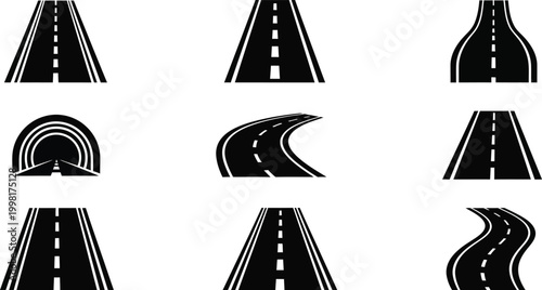 Road silhouette collection diverse highway and tunnel shapes in black and white