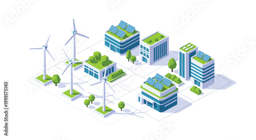 This isometric view showcases a sustainable city with wind turbines, solar panels, and green buildings against a clean light background.