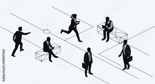 isometric black silhouette of business people in a corporate environment illustrating a busy workday and office life.