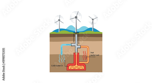 A detailed cross-section diagram illustrates the geothermal energy process with cold water intake and hot water output beneath wind turbines.
