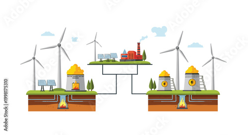 This flat illustration depicts a complex geothermal power plant system integrated with wind turbines and solar panels on a warm beige background.