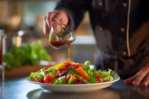 In a well-lit kitchen, a chef skillfully pours tangy dressing over a vibrant salad brimming with fresh greens, juicy tomatoes, and a mix of colorful vegetables, evoking a sense of culinary mastery.