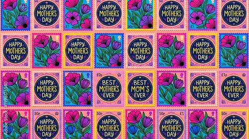 Colorful Mother's Day postage stamp seamless pattern features various vibrant floral designs and celebratory text messages creating a joyful, festive, and decorative background.