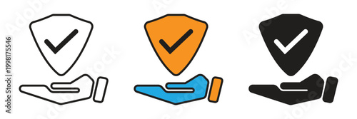 Hand Holding Verified Shield Icon. Hand holding a shield icon with a checkmark symbol, representing verified security, consumer protection, guaranteed safety, and reliable quality control services.
