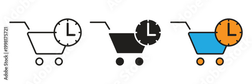 Shopping Cart with Clock Vector Icon. E commerce shopping cart combined with a clock face, symbolizing express delivery, fast shipping, limited time offers, and efficient order processing.