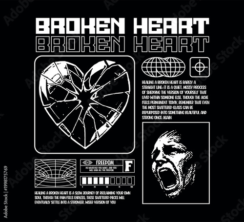 Vector illustration streetwear of heart or love logo and Broken heart text for T-Shirt design with slogan and distortion artwork
