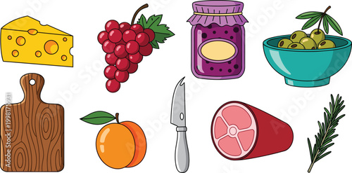 Food and Kitchen Icons Set with Cheese, Grapes, Jam, Knife, Cutting Board, Meat, Olive, and Herb for Culinary and Cooking Designs