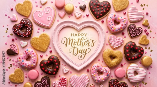 Heart shaped cookies and donuts decorated for Mother's Day celebration with elegant calligraphy in a pink frame background