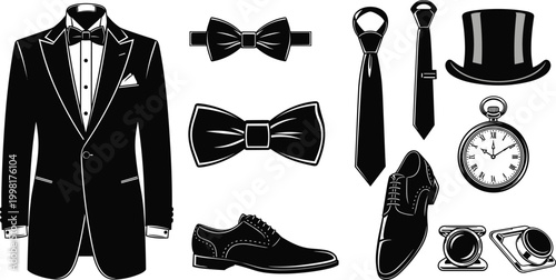Formal Wear and Accessories Icons Set with Tuxedo, Bow Tie, Tie, Top Hat, Pocket Watch, Shoes, and Cufflinks for Elegant Fashion Designs