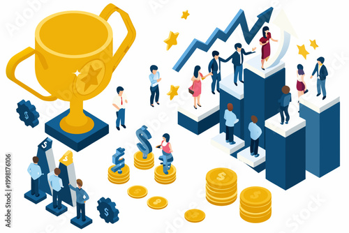 Isometric illustration of business success with trophy and growing chart