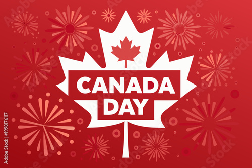 Canada day celebration graphic with fireworks and maple leaf