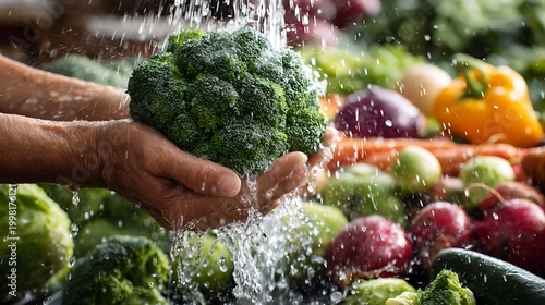 Hands wash fresh broccoli under running water, surrounded by an array of colorful vegetables, emphasizing the importance of cleanliness and healthy eating habits.