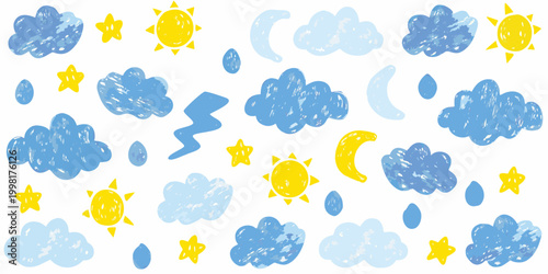 childs drawing of clouds suns moons and raindrops watercolor style