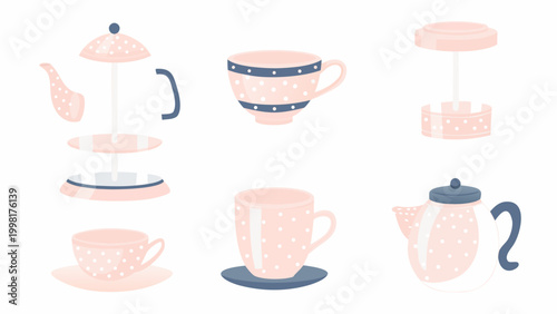 Pink teapot teacup and sugar bowl set pastel vector illustration