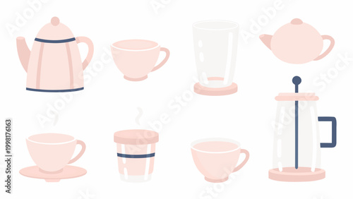 Pink teapots cups and french press illustration on white background
