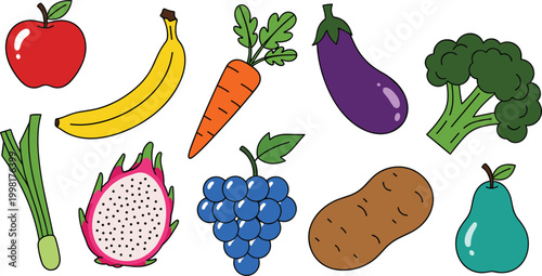 Fresh Fruits and Vegetables Icons Set with Apple, Banana, Carrot, Eggplant, Grapes, Potato, and Pear for Healthy Eating and Nutrition Designs