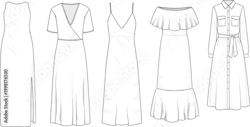 Women's Maxi Dress Collection Fashion Technical Flat Sketches Template