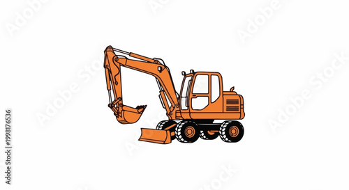 Orange wheeled excavator with a bucket and blade on a white background