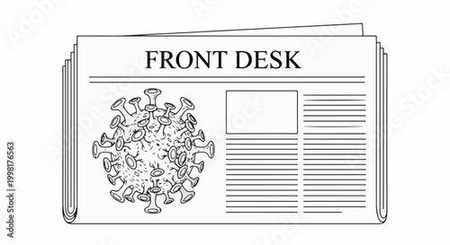 Newspaper front page features virus illustration and text about "Front Desk" news