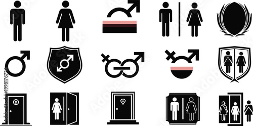 Gender and Restroom Icons Set with Male, Female, Unisex, Gender Symbols, Doors, and Shield for Public Facilities and Equality Designs