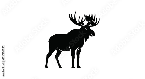 Black Silhouette of a Majestic Moose with Large Antlers on a White Background