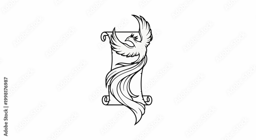 Fototapeta premium Mythical bird with flowing tail feathers on a scrolled parchment