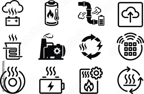 Energy and industrial icons set with battery power plant heat system recycling symbols flat black vector collection isolated on light background
