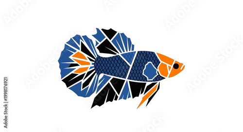 Geometric Betta Fish Illustration - Blue, Orange, Black Mosaic Pattern
