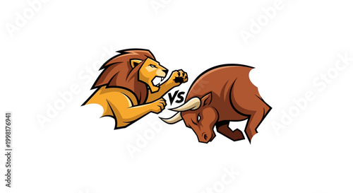 Lion vs Bull Cartoon Fight, Symbol of Competition, Strength, and Conflict
