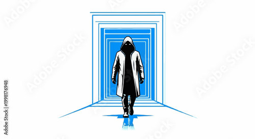 Mysterious hooded figure walks through glowing blue portal