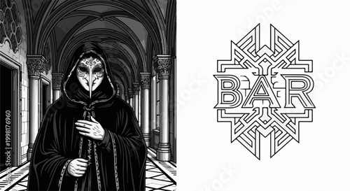 Mysterious masked figure in Gothic hallway, abstract bar logo