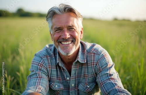 Smiling mature man with grey beard sits in green field wearing plaid shirt. He looks happy, confident on sunny day. This man represents lifestyle, agriculture themes. Nature backdrop is soft focus.