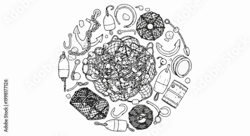 Nautical collection of anchors, nets, buoys, chains, and hooks