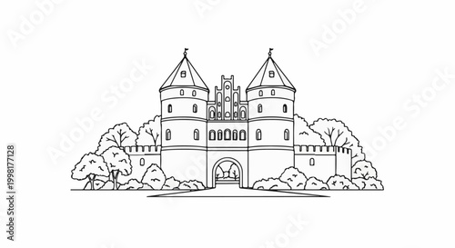 Ornate medieval gatehouse with two tall turrets and surrounding trees
