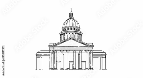 Monumental dome structure with classical columns and triangular pediment, architectural drawing