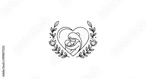 Mother and child embraced within a floral heart outline