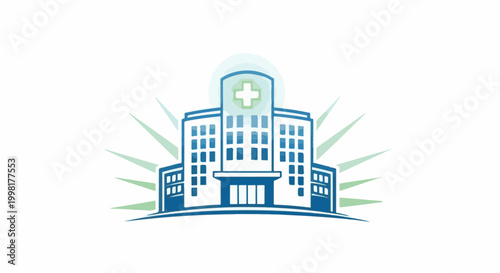 Modern medical building with bright, abstract light rays emanating outwards