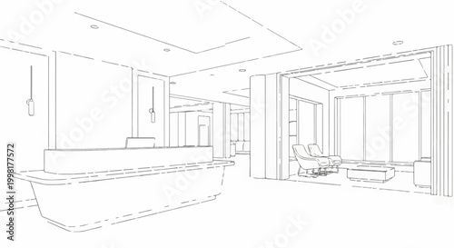 Modern reception area with a large desk and seating area