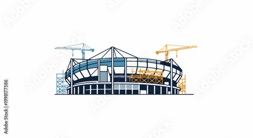 Modern stadium under construction with cranes and scaffolding