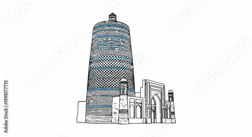 Ornate cylindrical tower with mosaic patterns beside arched structures