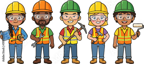 Diverse Construction Workers Team Cartoon Illustration with Safety Gear and Tools