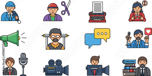 Media and Professional Icons Set with Reporter, Actor, Microphone, Camera, Journalist, Typist, and Speaker for Career and Industry Designs