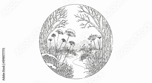 Monochrome oval landscape with bare trees framing a winding path through blooming seed heads