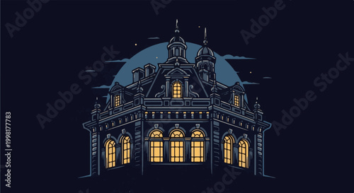 Ornate dark building with glowing windows under a moonlit sky