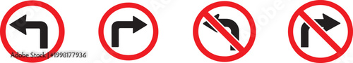 Traffic sign icon set with turn directions allowed and prohibited symbols for road safety use.