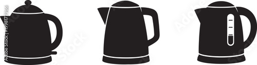 Minimal electric kettle icon set in black on white background, clean modern kitchen appliance vector.