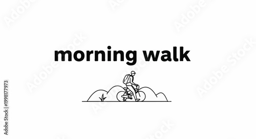 Minimalist line art shows person cycling through rolling hills