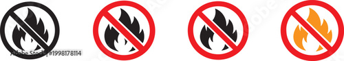 No fire and stop fire warning icon set, safety symbols for public hazard prevention vector design.