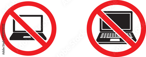 No laptop and computer icon set, forbidden technology device symbols for restriction and safety use.